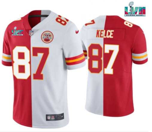 Mens Kansas City Chiefs #87 Travis Kelce Red & White Split Super Bowl LVII Patch Limited Stitched Jersey